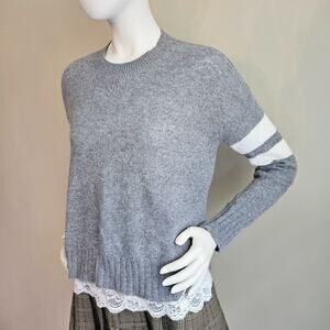 Minnie Rose 100% Cashmere Sweater Crew Neck Pullover Gray w/ Stripes Womens XS